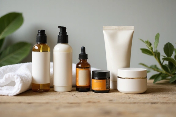 Prodotti naturali per la cura della pelle, come oli e creme, disposti elegantemente su una superficie di legno.