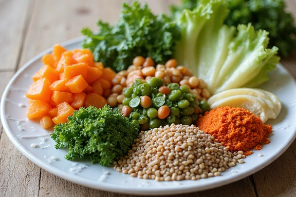 Un piatto colorato e salutare con verdure fresche, legumi e semi, che rappresenta un'alimentazione equilibrata.
