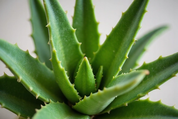 Un primo piano di foglie di aloe vera fresche, mostrando la loro consistenza e vitalità.