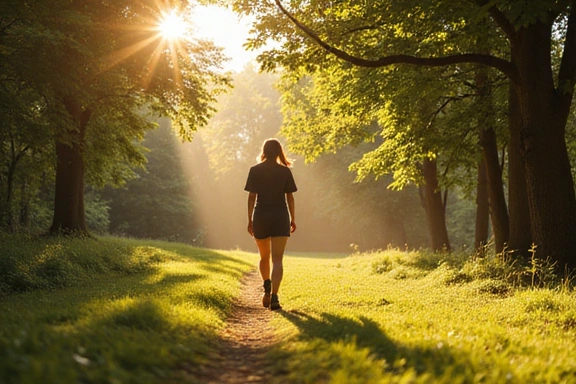 Una persona che cammina in un bosco sereno, simboleggiando un sano stile di vita e connessione con la natura.