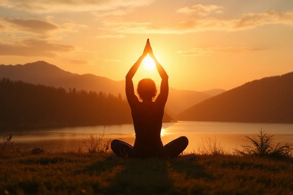 Una persona che fa yoga all'alba, simboleggiando benessere e armonia.