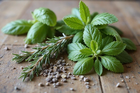 Varie erbe aromatiche fresche su un tavolo di legno, pronte per la preparazione di rimedi naturali.