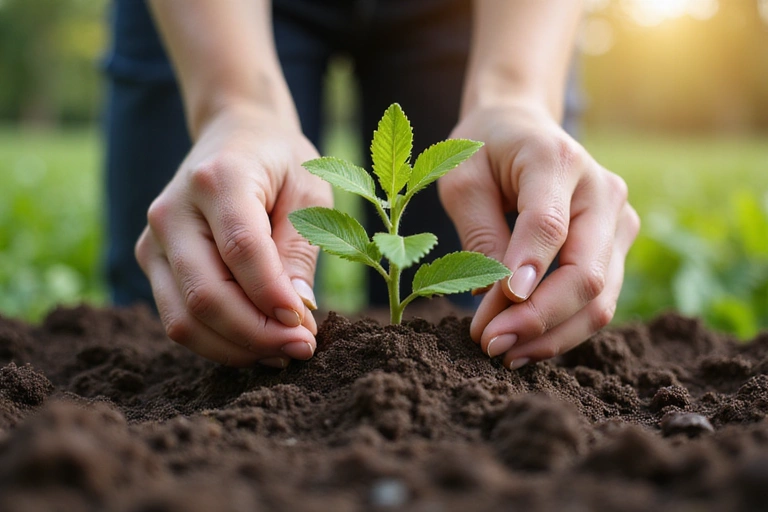 Mani che piantano un piccolo albero in un terreno fertile, simboleggiando la sostenibilità e la crescita