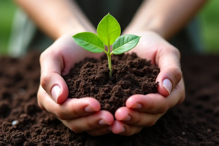 Mani che tengono un germoglio verde in un terreno fertile, simbolo di crescita e naturalità.