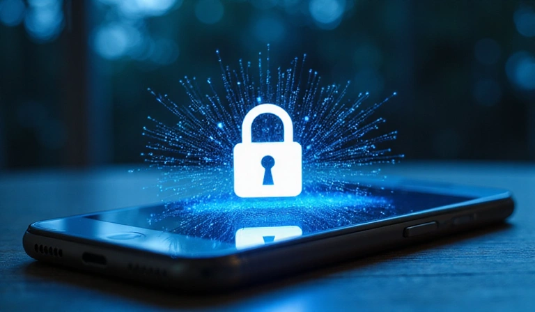 Simbolo di lucchetto su un telefono con dati che fluiscono, rappresentando la sicurezza dei dati