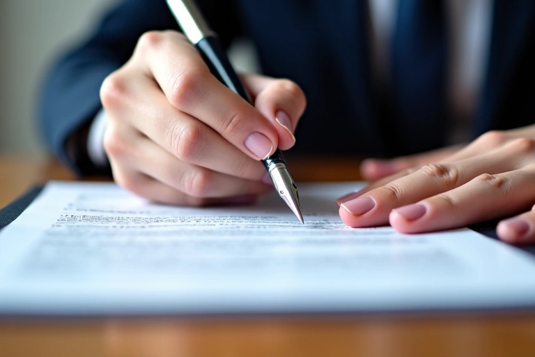 Mani che firmano un contratto con una penna
